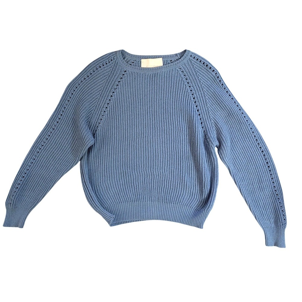 Crem38 Women's Blue Crepe Cotton Ribbed Pointelle Knit Sweater Lightweight-‎ L